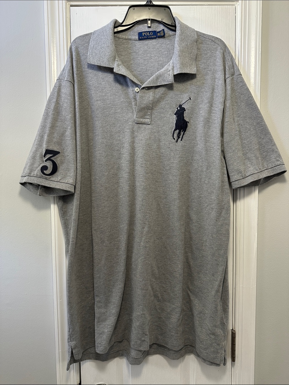 Polo by Ralph Lauren Gray Polo with Navy Logo and Sleeve Number